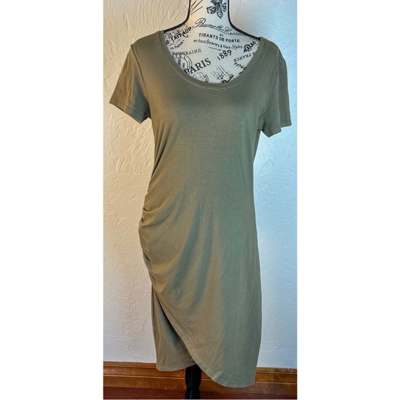 Michael Stars Olive Green Crewneck Fitted Cinched Short Sleeve Dress, Medium - Picture 2 of 9